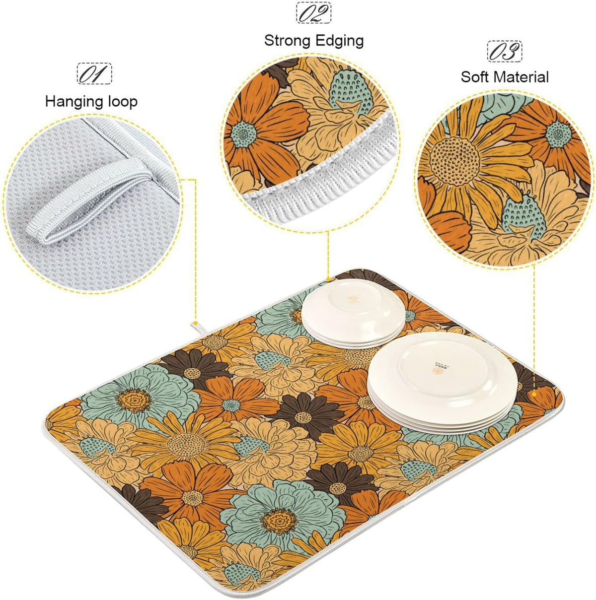 senya Super Absorbent Dish Drying Mat, Microfiber Fast-Drying Dish Mat, 24'' x 18'', Kitchen Dish Drying Pad, Retro Flower Daisy, (g289343300p523c558s1114)