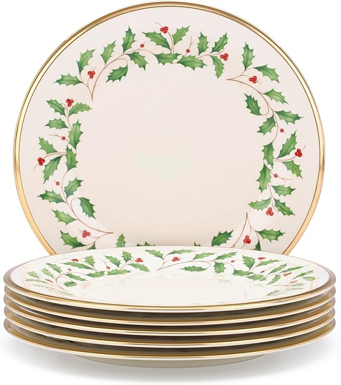 Lenox Holiday 6-Piece Dinner Plates Dinnerware Set, Service For 6, Porcelain, Dishwasher Safe, Round Plates Set, Holiday Red & Green, Perfect for Gatherings, Christmas Dinnerware (Ivory, 6 Piece)