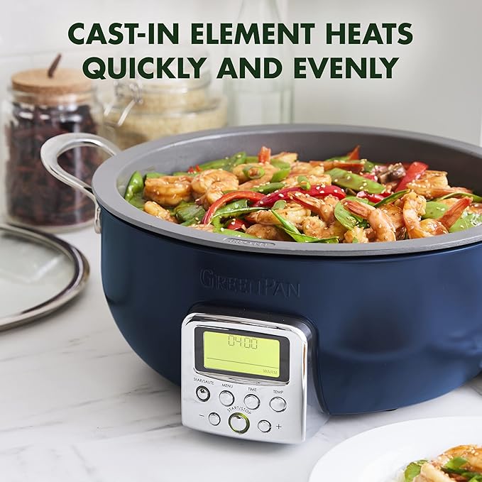 GreenPan Elite Essential Smart Electric 6QT Skillet Pot, Presets to Sear Saute Stir-Fry and Cook Rice, Healthy Ceramic Nonstick and Dishwasher Safe Parts, Easy-to-use LED Display, Oxford Blue