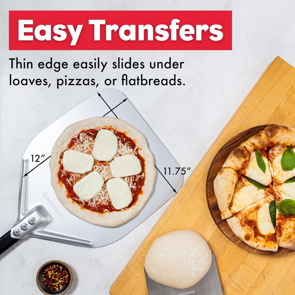 Brod & Taylor Bread Peel for Transferring Bread, Pizza or Flatbreads (11.75" x 12" Surface) – Thin Edge, Lightweight, and Reduces Sticking