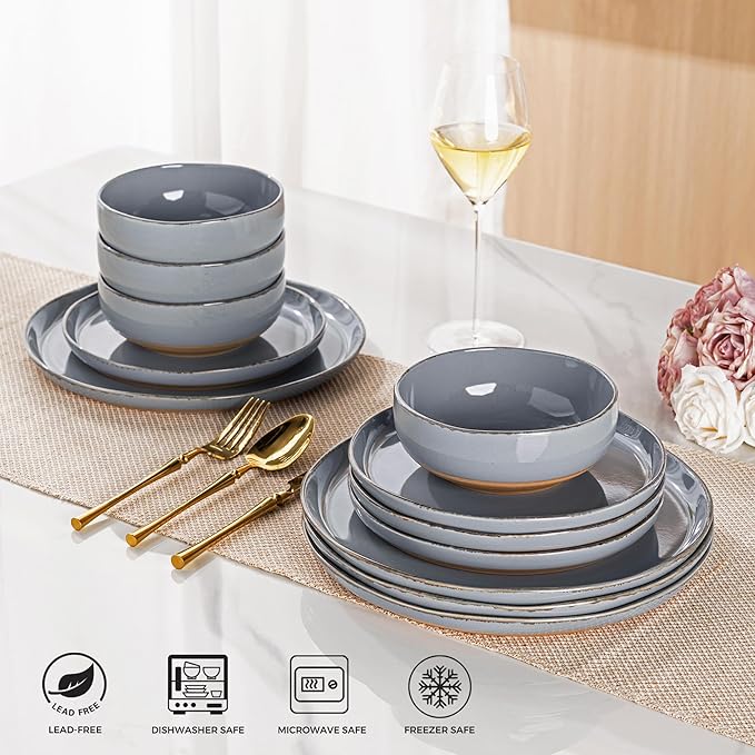 AmorArc Ceramic Dinnerware Sets for 4, 12 Pieces Handpainted Plates and Bowls Set with Rustic Terracotta Underside, Scratch Resistant Stoneware Dishes Set, Dishwasher & Microwave Safe