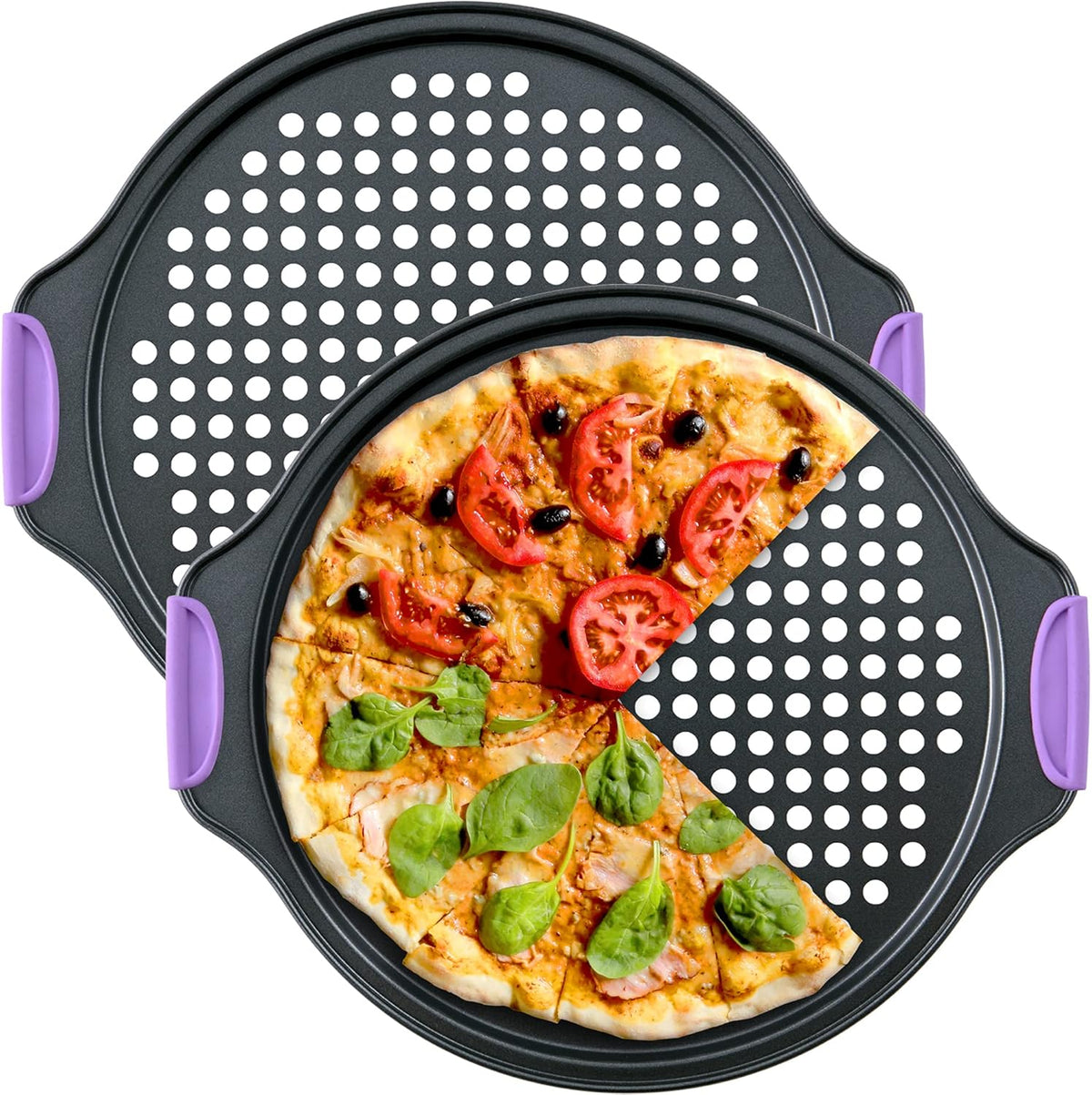 Amazing Abby - Chef Stacy - 2-Pack 13-Inch Non-Stick Pizza Pan with Holes, Perforated Pizza Crisper with Heat-Resistant Silicone Handle Grips, Oven-Safe Bakeware, Carbon Steel Baking Pan for Oven