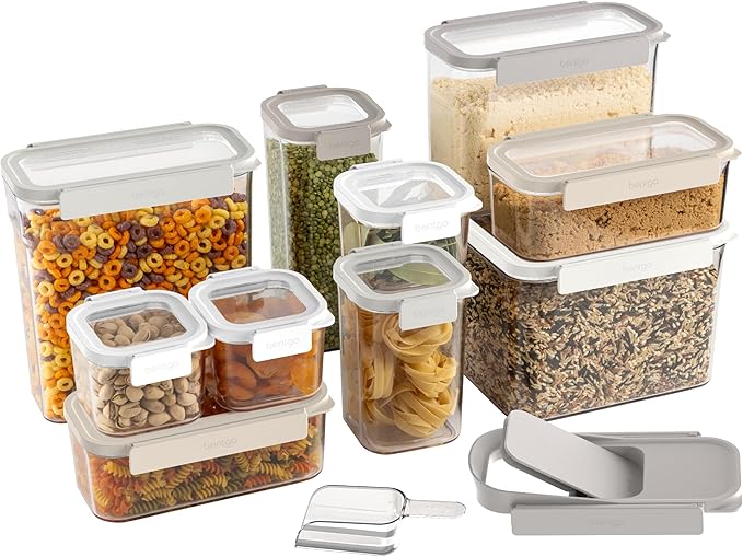 Bentgo Pantry - 22-Piece Airtight Food Storage Containers, Clear and Stackable Kitchen and Pantry Organization Set, Locking Lids for Freshness, Bonus Cereal Lid & Scoop, BPA-Free Plastic (White Stone)