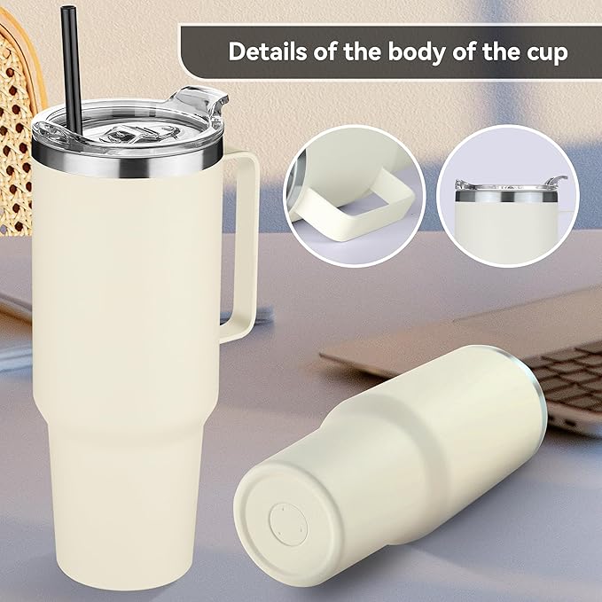 HASLE OUTFITTERS 40 oz Stainless Steel Tumbler with Handle, Vacuum Insulated Tumblers Bulk, Reusable Double Wall Travel Coffee Mug, Durable Powder Coated Water Bottle(Beige, 1)
