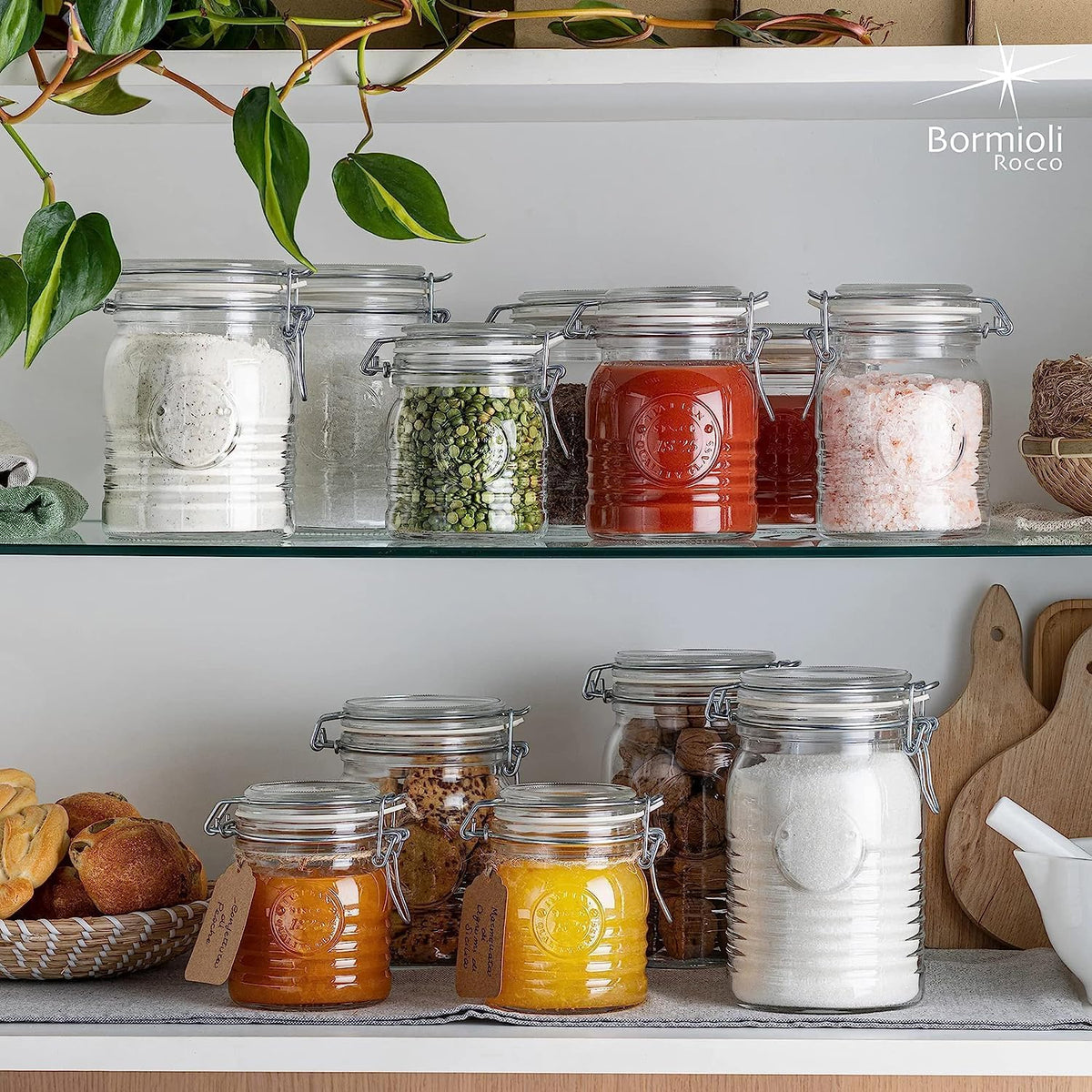 Bormioli Rocco Officina 1825, Set of 3 - Clear Glass Jars with Swing Top - Vintage Industrial Style Airtight Containers for Dry Food Storage, 33.75 Oz, 25.25 Oz, 17 Oz - Dishwasher Safe, Made in Italy