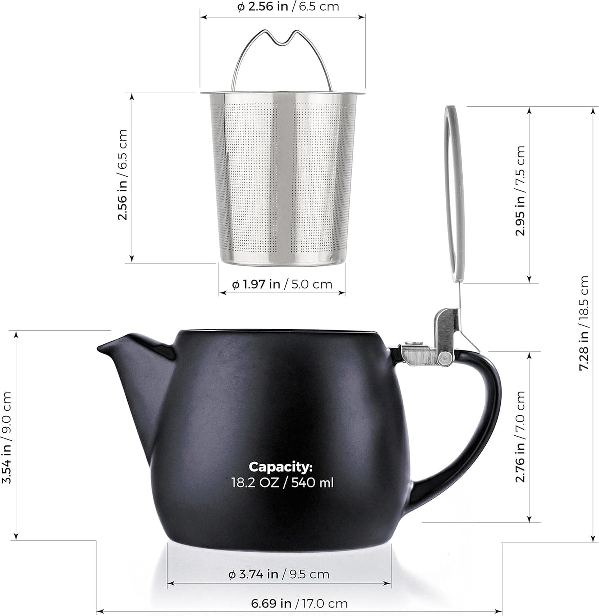 Tealyra - Pluto Porcelain Small Teapot Black - 18.2-ounce (1-2 cups) - Matte Finish - Stainless Steel Lid and Extra-Fine Infuser To Brew Loose Leaf Tea - 540ml