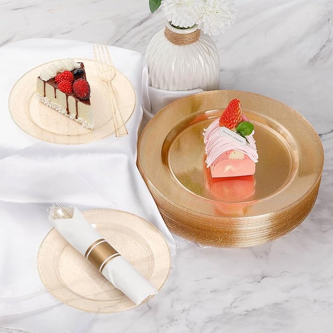 Goodluck 700 Piece Gold Glitter Plastic Dinnerware Set for 100 Guests, Disposable Plates for Party, Include: 100 Dinner Plates, 100 Dessert Plates, 100 Pre Rolled Napkins with Silverware, 100 Cups
