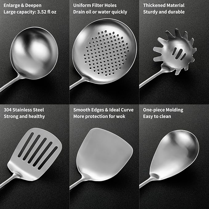 Stainless Steel Kitchen Utensils Set with Wood Handle, 18/10 Metal Cooking Utensils Set, 10-Piece - Spatula, Spoon, Ladle, Skimmer, Slotted Turners, Pasta Server, Fork, Masher(Dishwasher Safe)