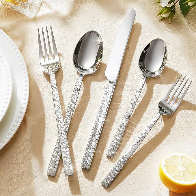 KINGSTONE 40 Pcs Hammered Silverware Set for 8, 18/10 Stainless Steel Heavy Duty Flatware Set, Tableware Cutlery Utensil Sets for Home Restaurant Dishwasher Safe