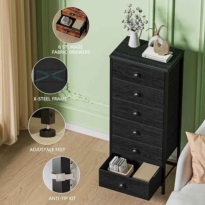 Furnulem Tall Dresser with 6 Drawers,Vertical Bedside End Table & Chest for Bedroom,Black Storage Tower Dorm Nightstand with Fabric Drawer Organizer Unit Furniture in Living Room,Closet,Hallyway