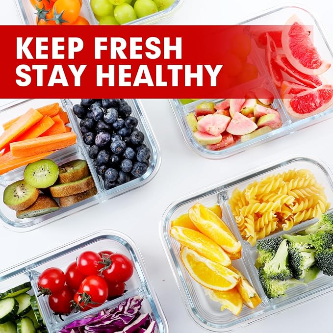 VERONES 5 Pack Glass Meal Prep Containers 3 Compartment Set, 36OZ Airtight Glass Lunch Containers, Glass Food Storage Containers with Lids, for Microwave, Oven, Freezer & Dishwasher Friendly,Red