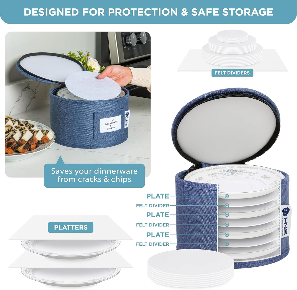 Hard Shell China Storage Containers 8-Piece Set Moving Boxes for Dinnerware, Glasses, Plates, Mugs and Saucers Sturdy Dish Organizer with Dividers for Seasonal Storage - Service for 12 - Denim Blue