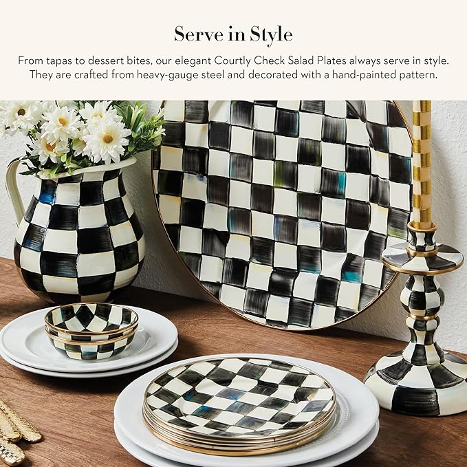 MACKENZIE-CHILDS Enamel Salad and Dessert Plate, Small Plate for a Dessert or Appetizer Dish, 8 Inches, Set of 4, Black-and-White Courtly Check