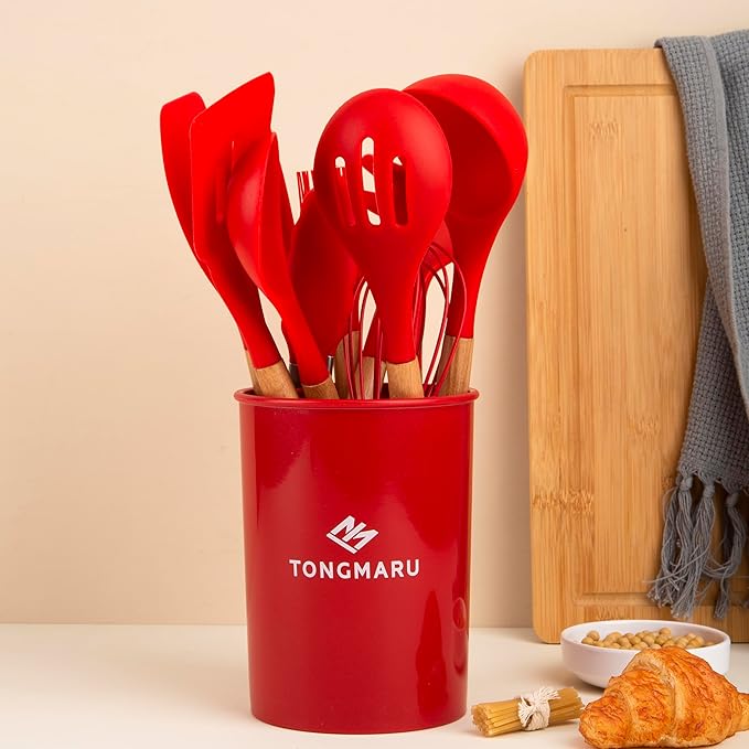 Silicone Cooking Utensils Set, Premium Beech Wood Handle Kitchen Gadgets Utensil Set, Non-Stick Kitchen Utensils Spatula, Tongs, Turner, Whisk, Brush, Spoon, BPA FREE, 446°F Resistant (Red)