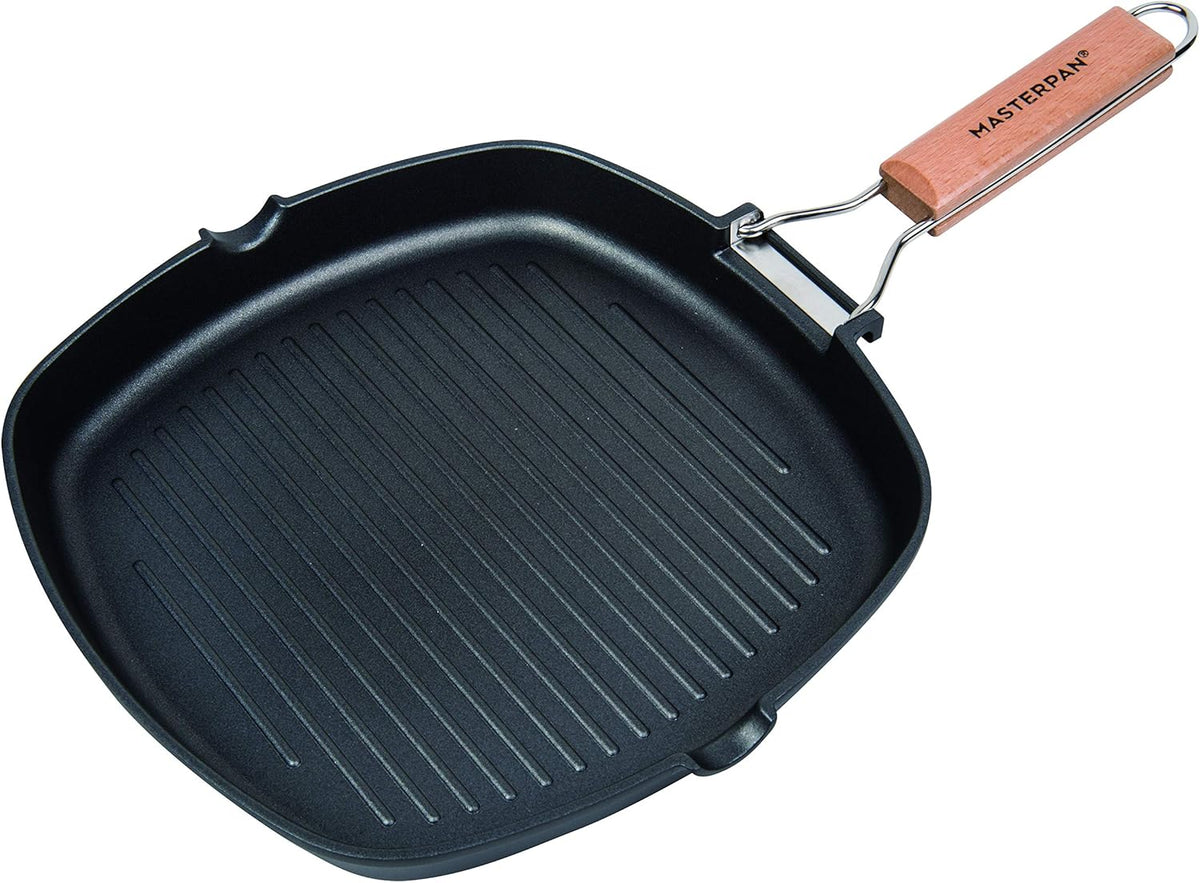 Non-Stick Grill Pan with Folding Wooden Handle, 8", Black and Brown