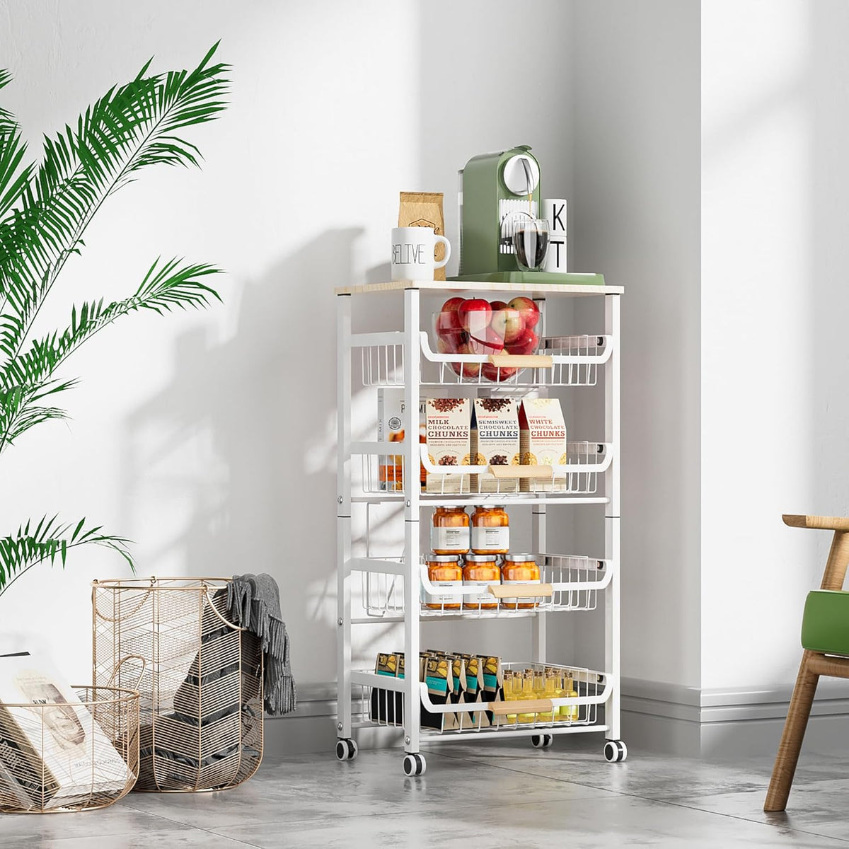 5-Layer Fruit Basket Kitchen Food Organizer and Rack, Stackable Storage Cart with Desktop, Pull-Out Hollow Metal Basket, Wheeled Sorting Rack Spice Rack, Black
