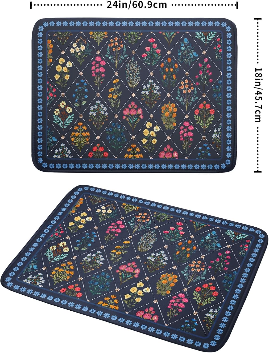 Lapis Blue Dish Drying Mat for Kitchen Counter Flowers Microfiber Absorbent Dish Draining Reusable Washable Large