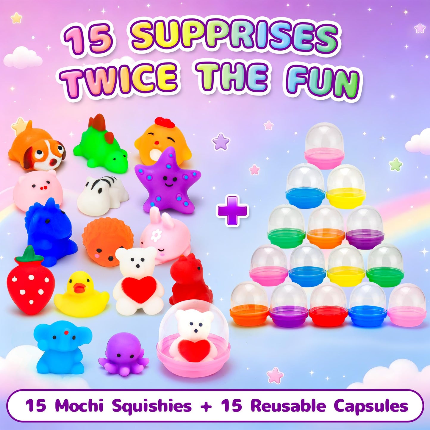 15 Mochi Squishy Toys with 15 Reusable Capsules | On-the-Go Sensory Play, Mess-Free Storage | Perfect Party Favors, Classroom Prizes, Goodie Bag Stuffers, Travel Toys for Kids
