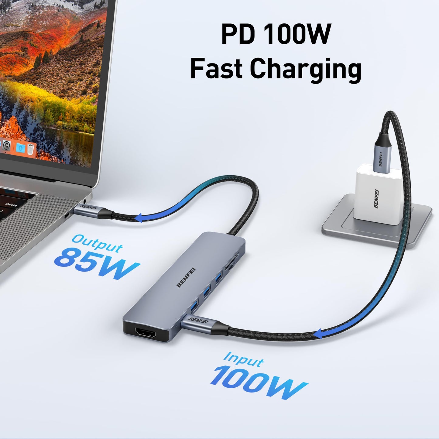 BENFEI USB C HUB 7-in-1 with HDMI(4K@60Hz,Certified), 100W Power Delivery, 3*USB 3.0, SD/TF Card Reader(160MB/s) Compatible with iPhone 15 Pro/Max, MacBook, iPad Pro, iMac, S23, XPS17
