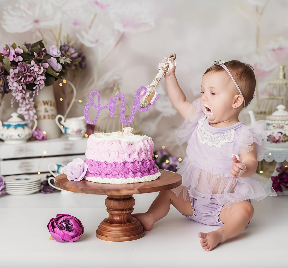 First Birthday Cake Topper - Purple Glitter One Cake Decorating Supplies for Girls and Boys, Perfect for Baby Shower/Gender Revealing Party Photo Booth Props