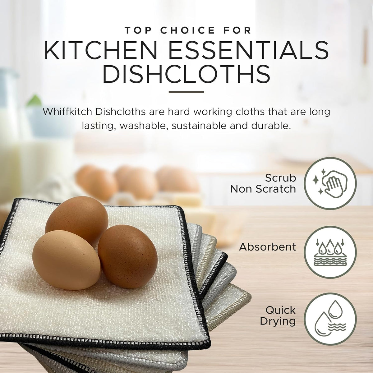 Whiffkitch Dishcloths & Dish Towels for Kitchen - Reusable, Hygienic, Quick Drying, Durable Kitchen Washcloth, Absorbent, Scrub-Non-Scratch, 6x7 Inches Neutral Color, 6 Pack