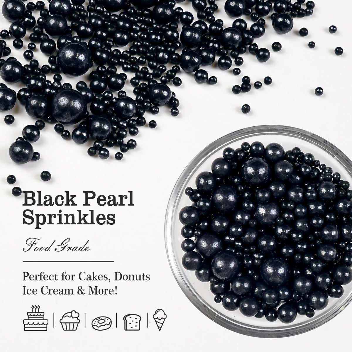 Black Pearl Sugar Sprinkles, Edible Black Sprinkles for Cake Decorating, 150g/5.29oz, Baking Cake Decorations, Ice Cream Toppers, Cupcakes, Cookies, Birthday, Wedding Party Chirstmas Supplies