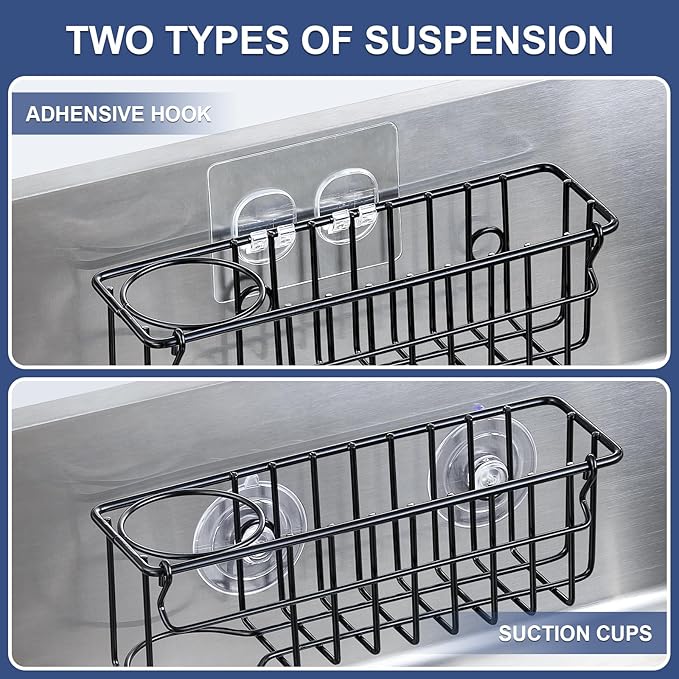 3-In-1 Sponge Holder for Kitchen Sink, 2 Type Suspension Options (Suction Cups & Adhesive Hook), Hanging Sink Caddy Organizer Rack - Sponge, Dish Cloth, Brush, Scrubber, 304 Stainless Steel - Black