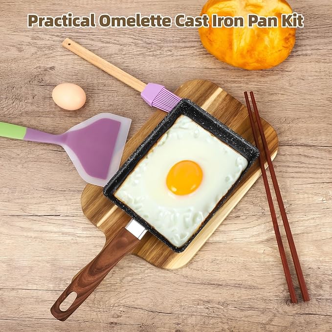 Tamagoyaki Pan Kits with Lid, Omelette Cast Pan Kit, Tamagoyaki Pans Cast Iron Maker with Lid, Nonstick Skillet with Wooden Handle, Includes Spatula, Mat, Knife, Sushi Accessories, Cooking Brush