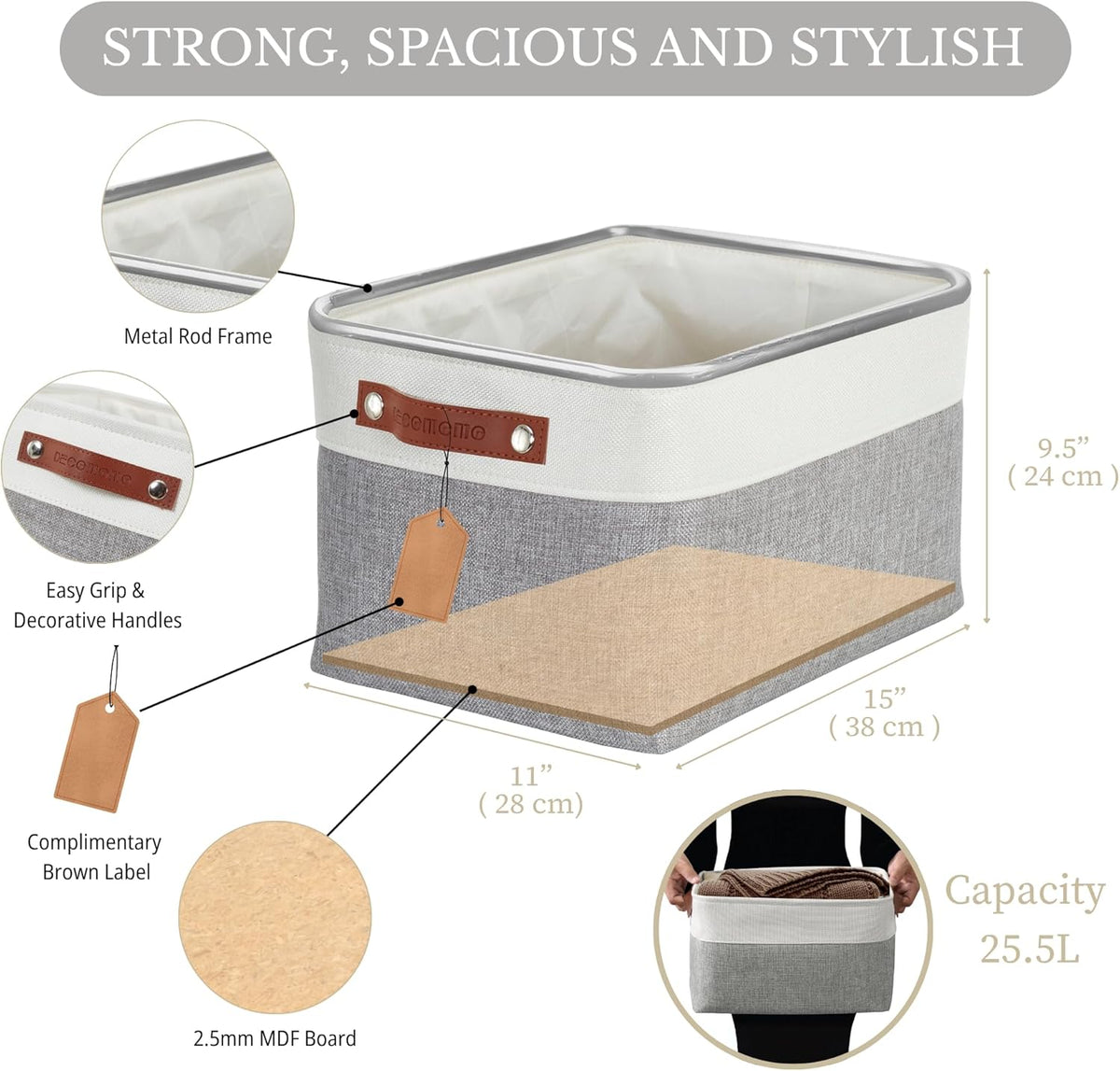 DECOMOMO Storage Baskets for Shelves - Fabric Storage Bins, Linen Closet Organizers and Storage (Grey & White, Large - 1 Pack)