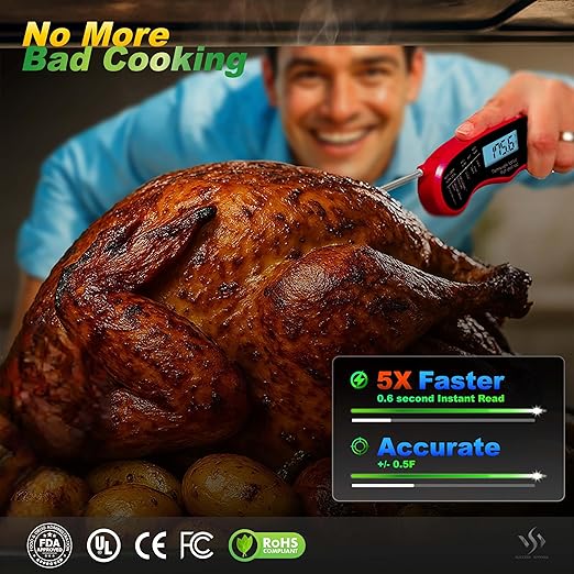 0.6S Instant Read Digital Meat Thermometer Probe/Pen，Factory‑Calibrated/Waterproof/Backlit/Magnetic/Flip Display/Motion Sensor:Outdoor BBQ, Barbecue Grilling, Smoking, Oven, Baking, Oil, Candy