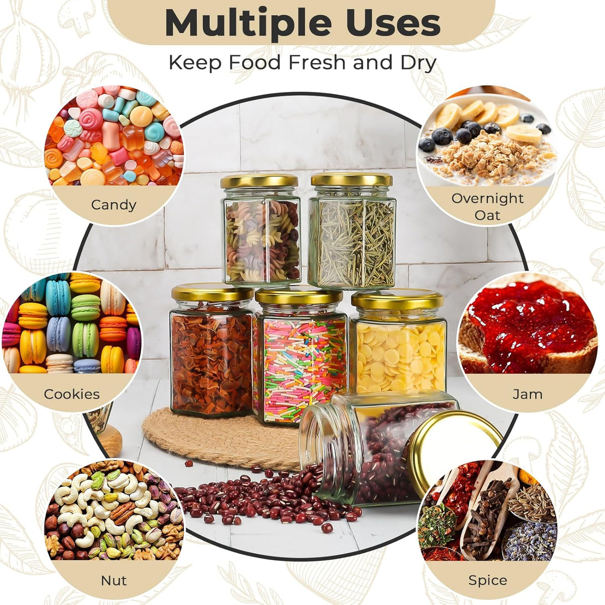 9 oz Hexagon Glass Jars with Gold Lids, 20 Pcs Canning Jars for Jam, Honey, Jelly, Candy, Candle, Wedding Favors, Baby Shower Favors, Spice Jars Crafts with Stickers and Pen for Labeling
