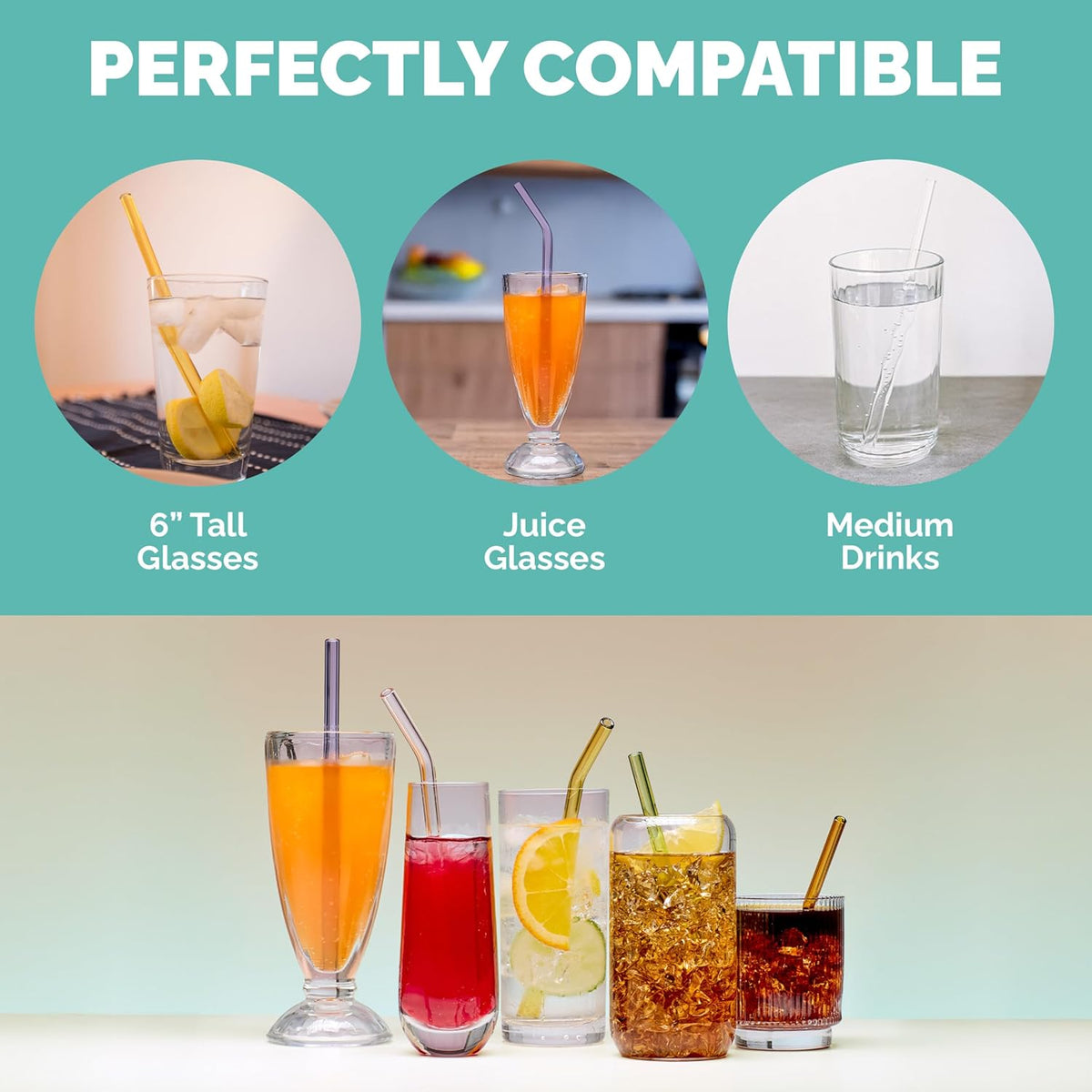 Simply Straws 8 Inch Glass Straws Bent (6-Pack) – Reusable Glass Straws for Pints & Juice Drinkware, with Cleaning Brush – Dishwasher Safe, Hot & Cold Use, BPA-Free (Meadow)