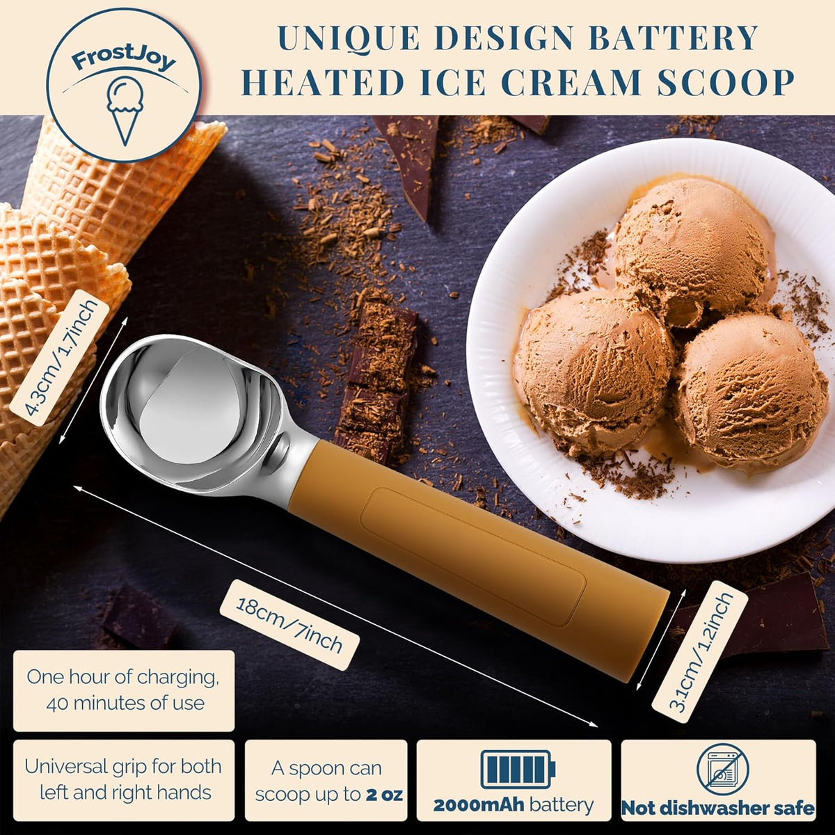 Heated Ice Cream Scoop Rechargeable, Electric Warming Ice Cream Scooper with LED Display, Heats to 158°F for Hard Ice Cream, Easy for Seniors & Kids, IP67 Waterproof (Olive Evergreen, 2oz)
