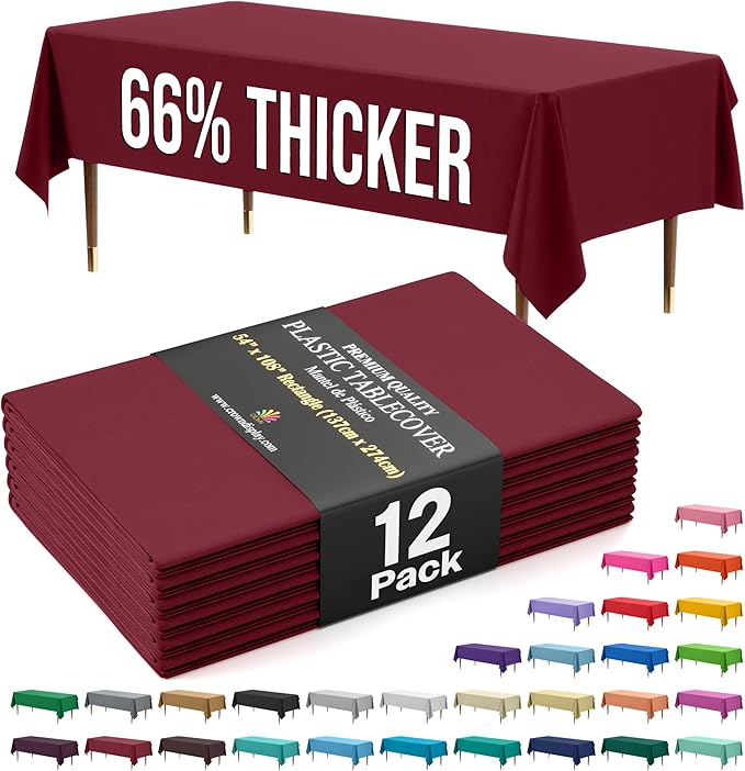 Exquisite 66% Thicker Premium Plastic Table Cloth Rectangle Table Cover 0.5 Mil 12 Pack Burgundy Table Cloth 54 Inch x 108 Inch Disposable Tablecloth Won't Tear Easily Like Cheap Thin Brands
