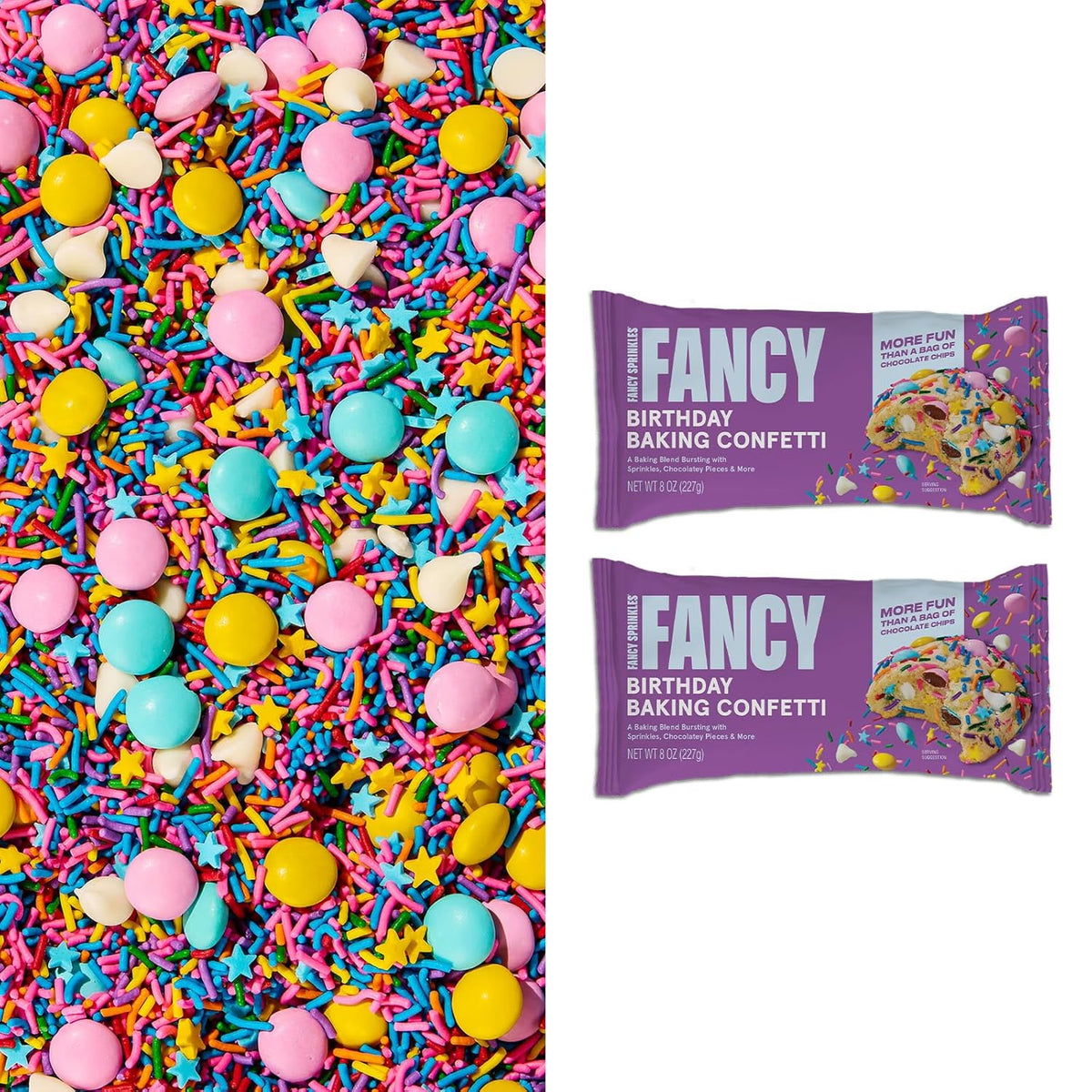 Fancy Sprinkles Birthday Baking Confetti Sprinkles and Chocolate Pieces, Crunchy Jimmies, Chocolate Gems, Candy-Coated Chocolatey Morsels, Star Confetti Pieces, And White Morsels 8 oz Bag (2 Pack)