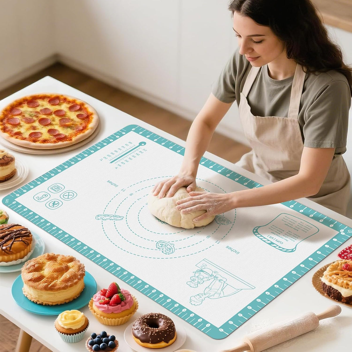 Silicone Baking Mat with 10 Useful Recipes, Non Stick Pastry Mat for Dough Rolling, Macaron Baking Sheet for Cookie, Pizza, Bread, Fondant Mat, Silicone Sheet for Dough Rolling out