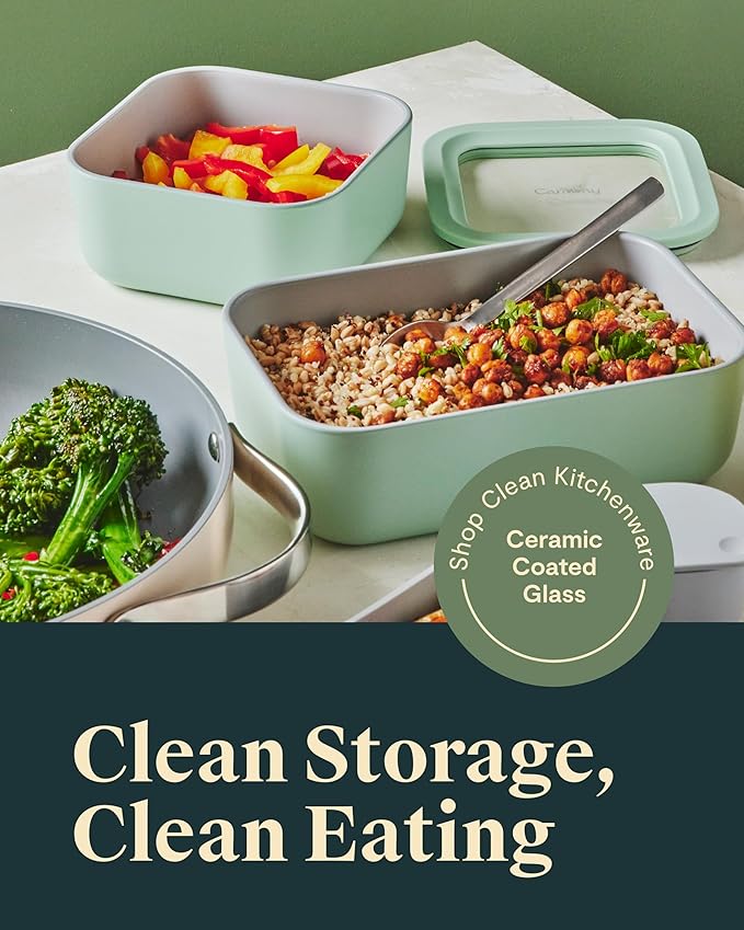 Caraway 2pc Glass Food Storage Set - 6.6 Cup Food Containers (2) - Ceramic Coated - Non Toxic, Non Stick Lunch Box with Lids. Dishwasher, Oven, & Microwave Safe - Cream