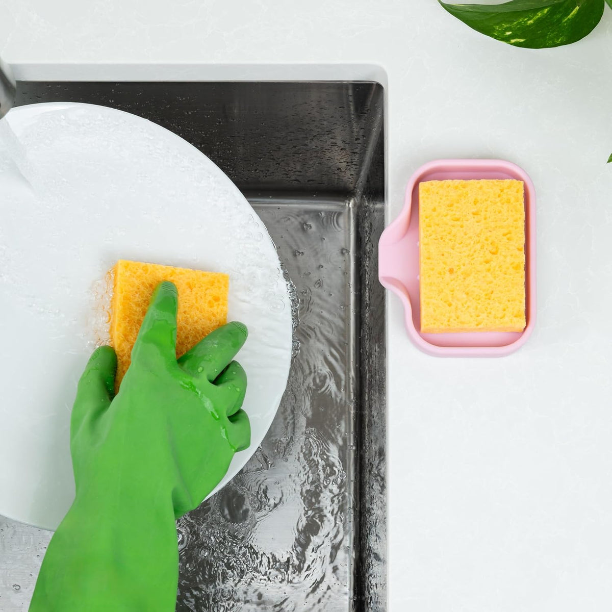 Zulay Kitchen Small Silicone Sponge Holder (4.9x3.3”) – Space-Saving Sink Organizer Tray for Sponge, Soap, Brush & More – Compact Non-Slip Dish for Kitchen & Bathroom (Pink)