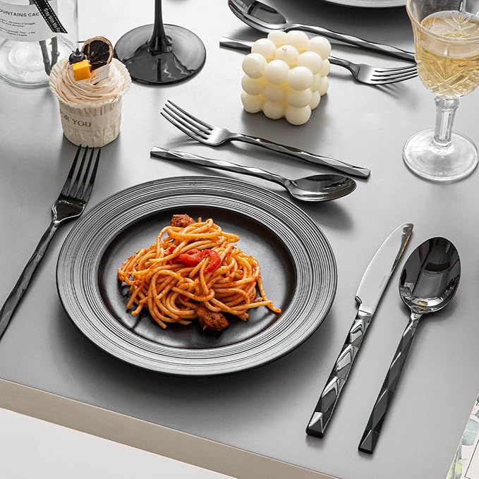 KINGSTONE Black Silverware Set, Luxury 20 Piece Flatware Set for 4, 18/10 Stainless Steel Cutlery Set with Diamond Cut Pattern for Kitchen, Home, Wedding, Party, Mirror Polished and Dishwasher Safe
