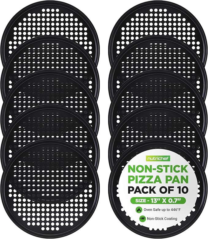 NutriChef Nonstick 13" Pizza Pan (Set of 10), Perforated Round Pizza Tray for Oven, Commercial-Grade Carbon Steel Baking Pan for Homemade, Frozen & Leftover Slices – Easy to Clean & Dishwasher Safe