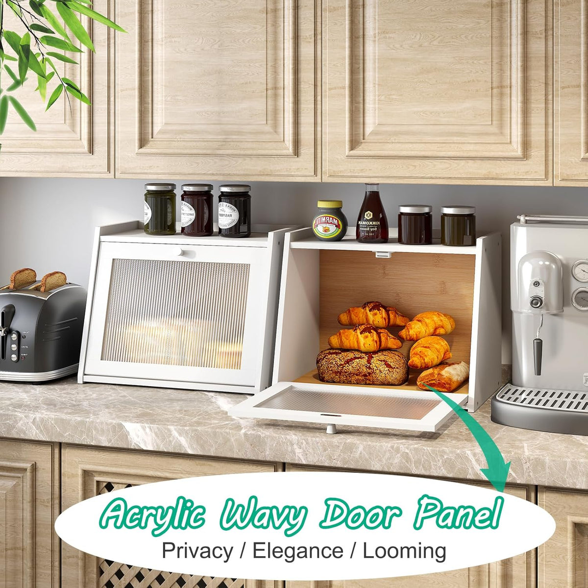 Large Bread Box for Kitchen Counter, White Bamboo Bread Storage Container with Wavy Arcylic Transparent Door, Bamboo Wooden Farmhouse Bread Box for Your House