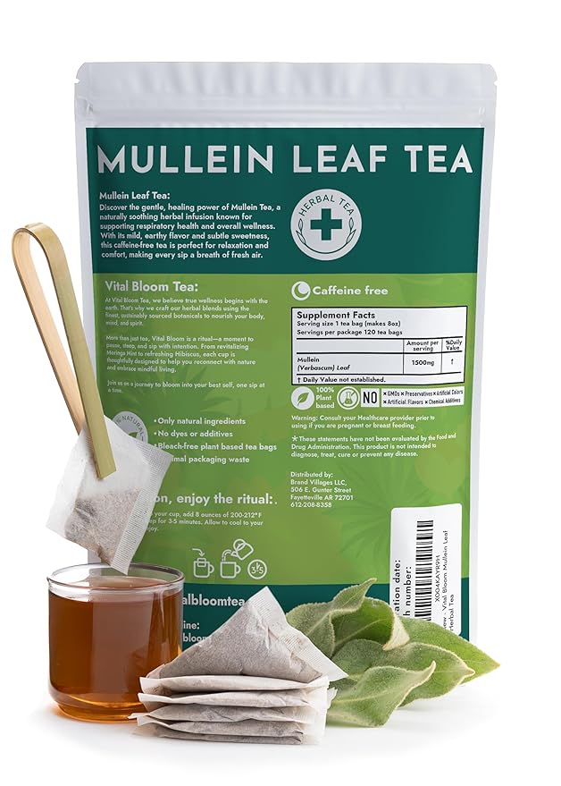 Vital Bloom Mullein Leaf Tea, 120 Tea Bags, 100% Pure Mullein Leaves, support for Lungs Cleanse and Respiratory Support, Bleach Free Tea Bags, Non GMO (Free Tongs Included)