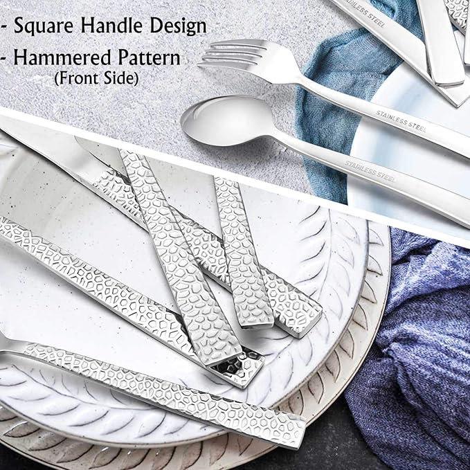 E-far 20-Piece Hammered Silverware Set, Stainless Steel Square Flatware Set Service for 4, Tableware Cutlery Set Includes Forks Spoons Knives, Modern Design & Mirror Finish - Dishwasher Safe