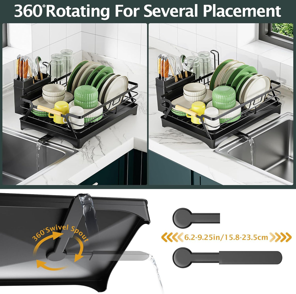 Epicano Dish Drying Rack for Kitchen Counter,Space-Saving Dish Rack,Rustproof Dish Drainer with Utensil Holder and Knife Slots for Sink,Kitchen Drying Rack with Wooden Handle and Cup Holder, Black