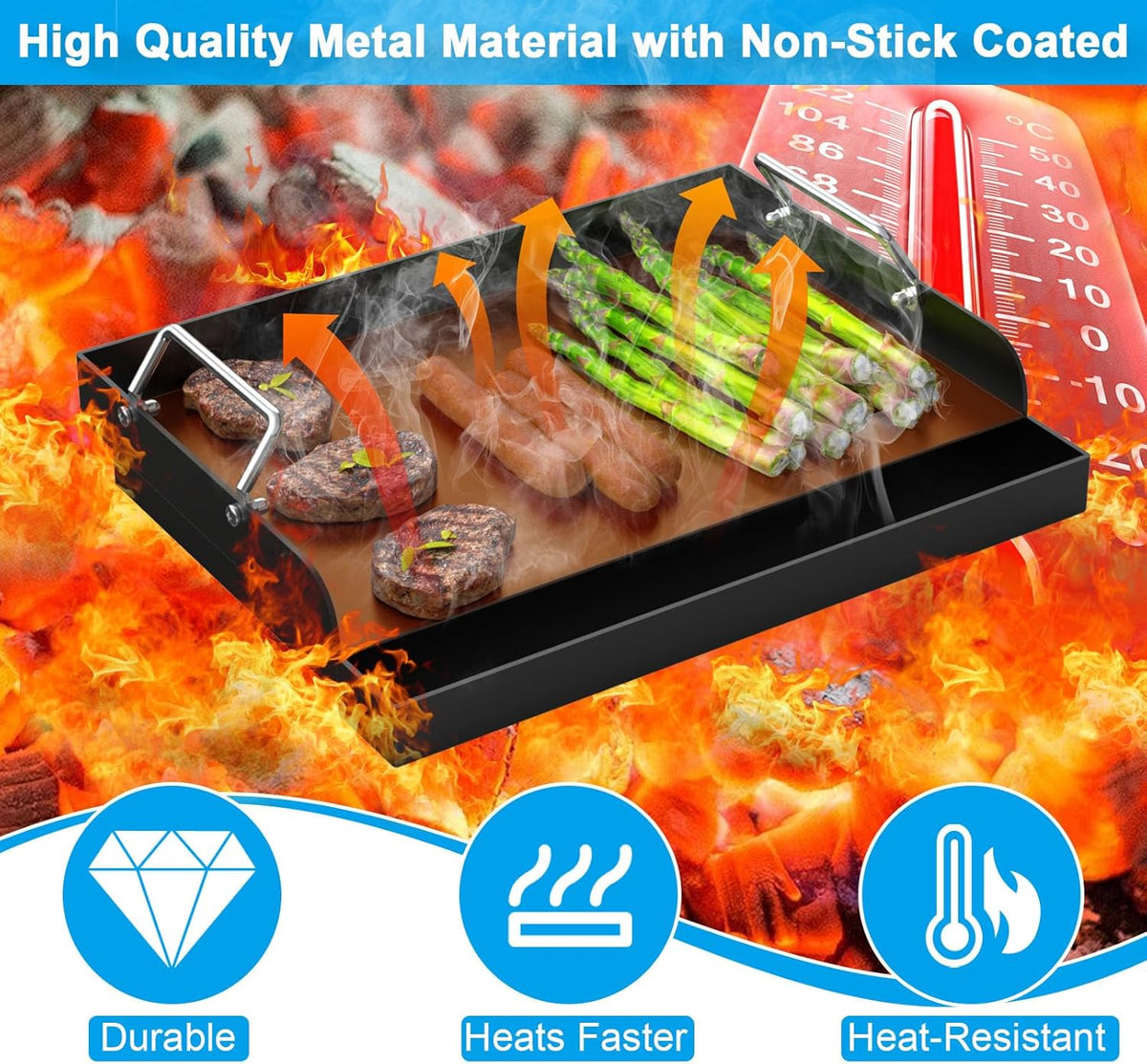 Nonstick Grill Griddle for Most Gas Grill 17" x 13" Universal Flat Top Cooking Plate Insert for Charcoal/Gas/Electric Oven with Grease Groove and Removable Handles
