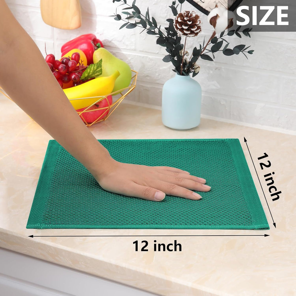 Homaxy 100% Cotton Waffle Weave Kitchen Dish Cloths, Ultra Soft Absorbent Quick Drying Dish Towels, 12 x 12 Inches, 12-Pack, Dark Green