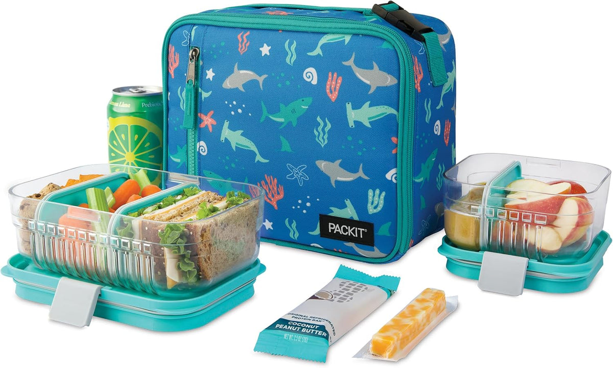 PackIt Freezable Classic Lunch Box, Sea Shark, Built with ECOFREEZE Technology, Collapsible, Reusable, Zip Closure With Zip Front Pocket and Buckle Handle, Designed for Fresh Lunch On the Go