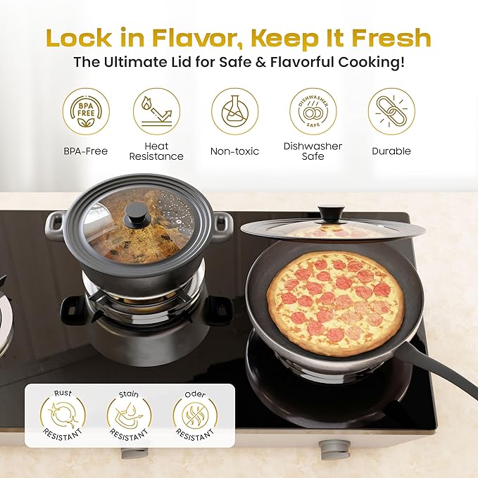 LSR Loreso Universal Pan Lid for Pots Pans and Skillets 7.5-11.5 Inch - Tempered Glass Pot Lid Set with Auto-Sizing Silicone Rim, 2 Pack Grey