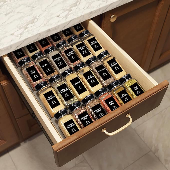 AISIPRIN 24 Pcs Glass Spice Jars with 398 Labels, 4oz Empty Square Spice Containers Seasoning Bottles - Shaker Lids, Funnel, Brush and Marker Included(Black Metal Caps)