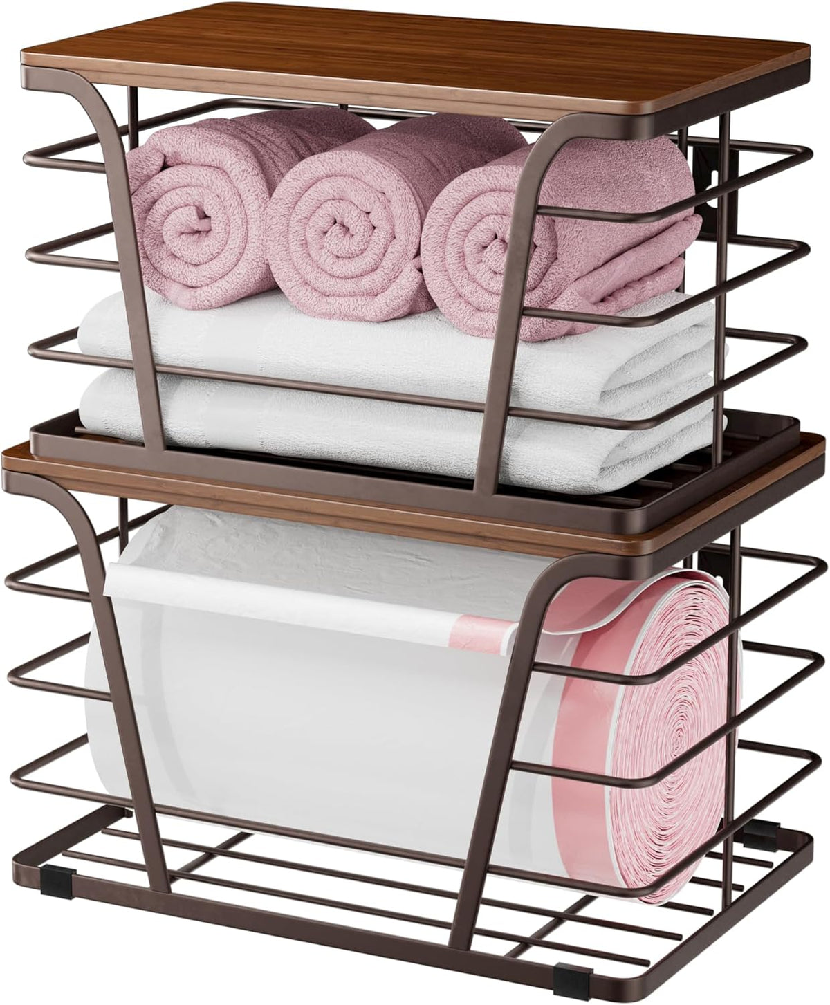 Extra Large 2 Pack Stackable Storage Pantry Organizers and Storage, Wall Mount Trash Bag Holder with Bamboo Top and Garbage Bag Dispenser, Brown